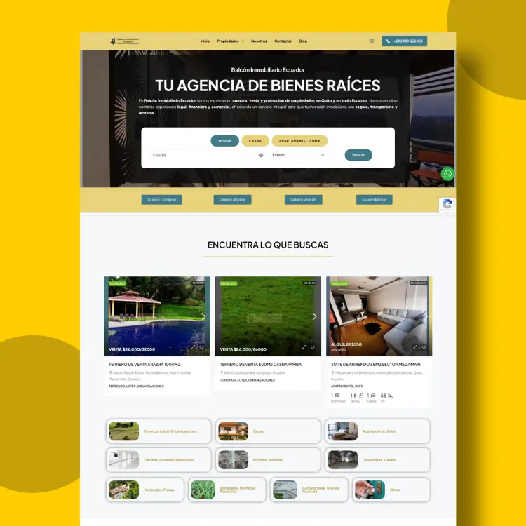 Diseño web para Balcón Inmobiliario Ecuador, portal inmobiliario para publicar propiedades en línea.