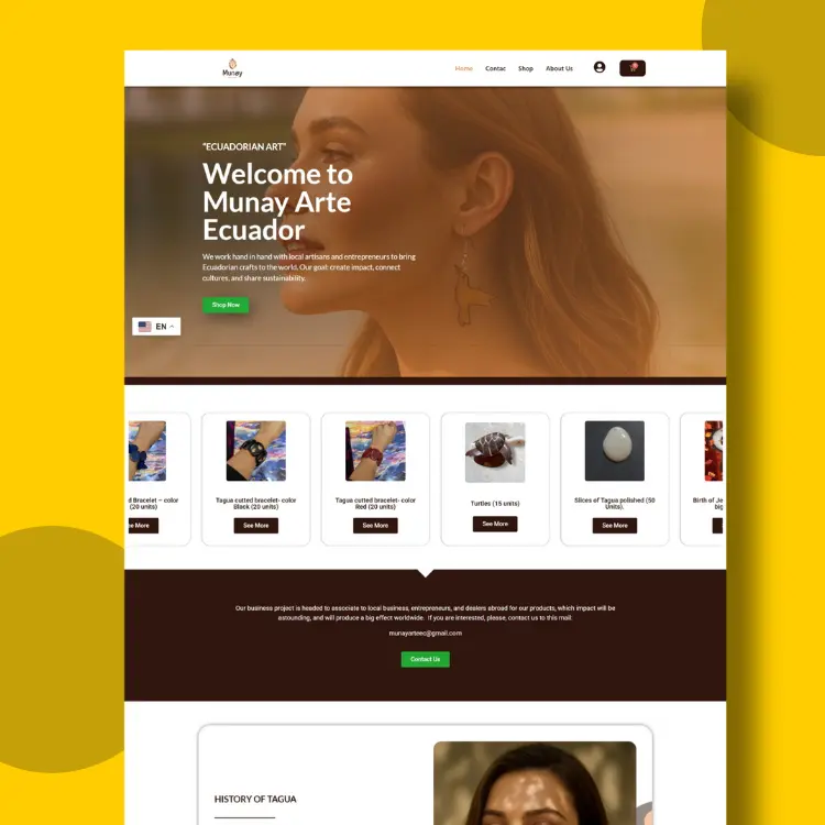 Diseño web para Munay Ecuador, tienda online de artesanías elaboradas con tagua, desarrollada por Alex Freelancer.