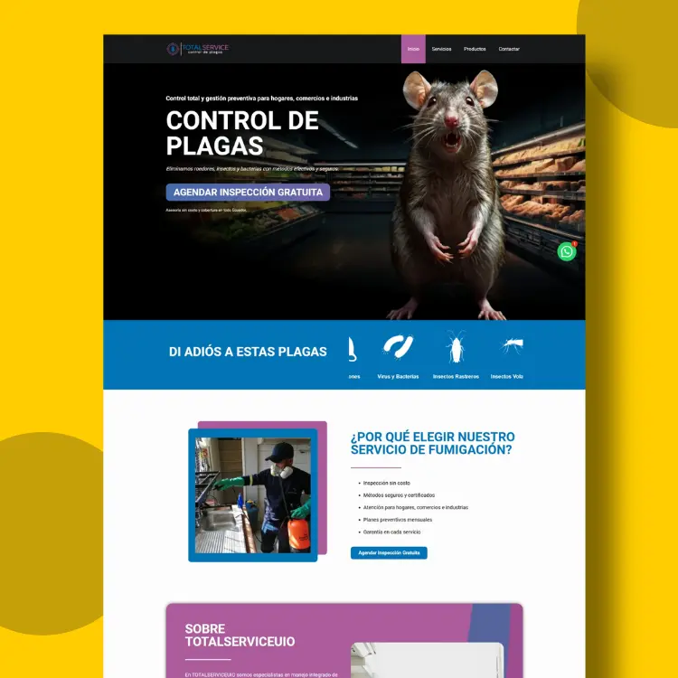 Diseño web para Total Service — empresa de control de plagas en Ecuador, sitio empresarial con catálogo y contacto por WhatsApp.